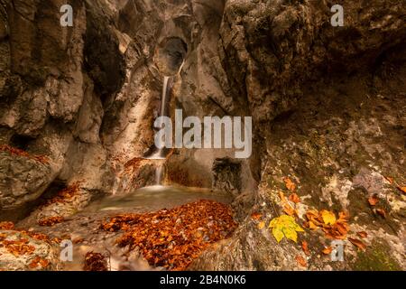 Ein kleiner Bach auf dem Kesselberg bei Kochel am See mit einem Durchbruch im Felsen und Wasserfall im Herbst. Stockfoto