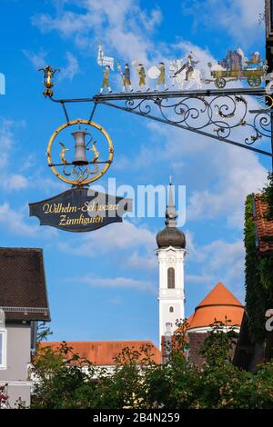 Nasenschild von Wilhelm Schweizer Zinnfiguren und Marienmünster, Dießen am Ammersee, Funfseenland, Pfaffenwinkel, Oberbayern, Bayern, Deutschland Stockfoto