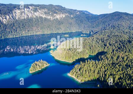 Eibsee, Sasseninsel vorne, bei Grainau, Werdenfelser Land, Luftbild, Oberbayern, Bayern, Deutschland Stockfoto