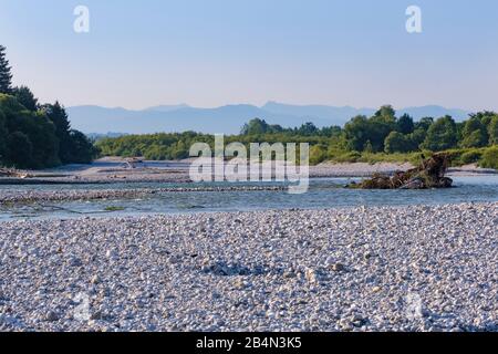 Isar mit Schotterbänken, Naturschutzgebiet Isarauen bei Geretsried, Bayern, Deutschland Stockfoto