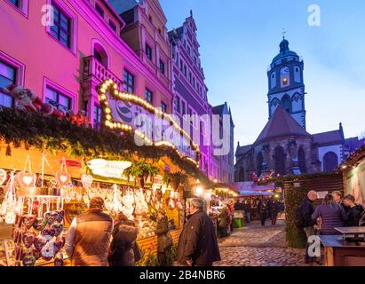 Meißen, Platz Markt, Weihnachtsmarkt, Kirche Frauenkirche, Sachsen, Deutschland Stockfoto