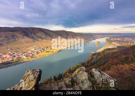 Krems an der Donau, Fluss Donau (Donau), Dorf Unterloiben (links), Stadt Krems (rechts), Weinberg in Österreich, Oberösterreich, Wachau-Gebiet Stockfoto