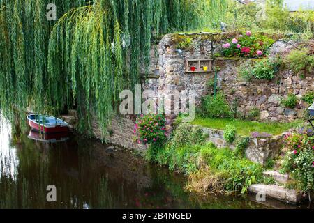 Überwucherte Anlegestelle. Die 'Petite Cité de Caractére' Pontrieux liegt am Fluss Trieux. Eine französische Gemeinde in der Region Bretagne im Département Cotes-d'Armor im Kanton Bégard. Stockfoto