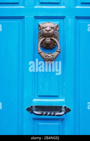 Blaue Tür mit Knocker im snapdragon. Pontrieux ist eine Gemeinde in der Region Bretagne im Département Côtes-d'Armor im Kanton Bégard. Er liegt am Ufer des Flusses Trieux Stockfoto