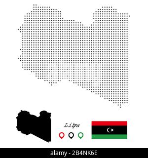 Libyscher Kartenvektor gepunktet, mit Fahne und Stift. Vektorgrafiken Stock Vektor