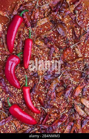 Rote Chili Paprika mit getrockneten roten Chilis und Chili Flocken und Pulver Stockfoto