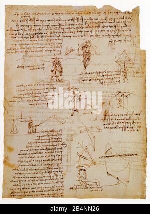 Leonardo da Vinci. Untersuchungsblatt zum künstlichen Flug. Oben rechts. Skizze eines Fallschirms. 1480 Stockfoto
