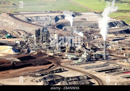 Ein Luftbild der Anlage zur Verarbeitung von Monsanto-Phosphat-Mine in der Nähe von Soda Springs Idaho. Stockfoto