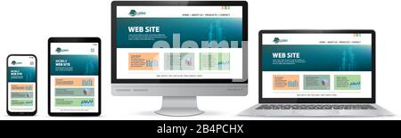 Responsives Website-Design mit Computermonitor, Laptop, Tablet-PC und Mobiltelefon-Bildschirm Stock Vektor