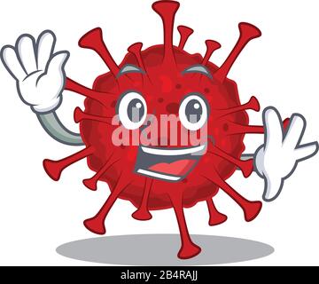 Smiley betacoronavirus Cartoon-Maskottchen-Design mit winkender Hand Stock Vektor