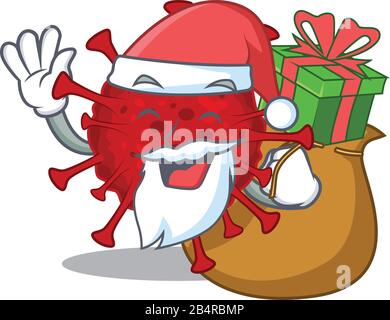 Santa Betacoronavirus Cartoon Character Design mit Geschenkbox Stock Vektor