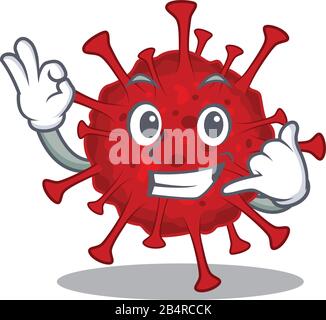 Betacoronavirus Maskottchen Cartoon-Design mit Call Me Geste Stock Vektor