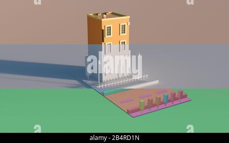 Isometrisches 3D-Illustrationsmodul Block moderner Wohnung mit Straße. 3D-Rendering.Isometric 3D-Illustrationsmodul Block von moderner Wohnung mit Straße. Stockfoto