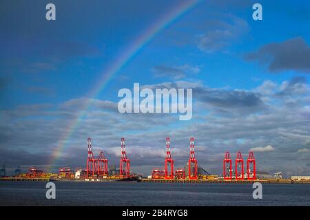 Liverpool, Merseyside. März 2020 UK Weather; Sunshine & Showers in Liverpool mit einem Doppelregenbogen über sechs von ZPMC gebauten Krawallen für die Schienenmontage am Seaforth Container Dock in Liverpool Two. Kredit: MediaWorldImages/AlamyLiveNews Stockfoto