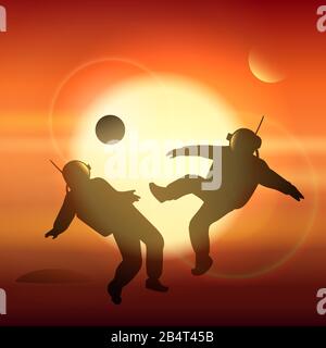 Astronauten spielen Fußball oder Fußball auf dem Martianfeld. Thema "Eroberung des Mars". Vektorgrafiken. Stock Vektor