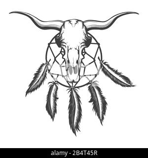 Bull Schädel und indianischer Traumfänger Tattoo. Native amerikanische Elemente Tattoo im Gravurstil. Vektorgrafiken. Stock Vektor