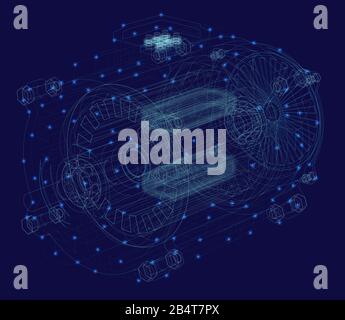 Motordrahtrahmen aus blauen Linien mit leuchtenden Lichtern auf dunklem Hintergrund. Isometrisch anzeigen. 3D. Vektorgrafiken. Stock Vektor