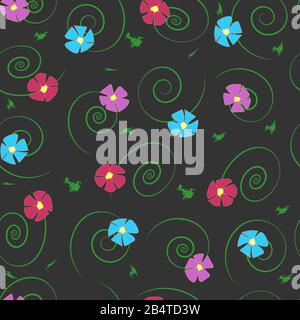 Nahtloses Muster. Einfache, fünfblättrige Blumen aus violetter, lilafarbter, blauer, weinrunder Farbe mit grünen Locken und Pinselstrichen auf dunklem Hintergrund. Stock Vektor