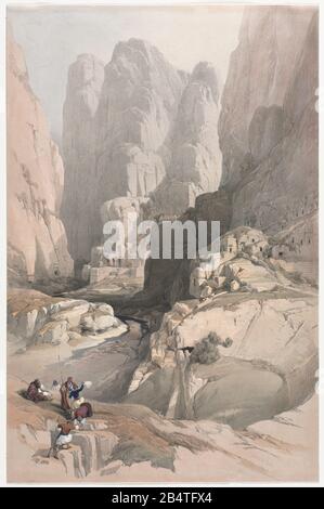 Eingang zu Petra, dem Theaterkolben-lithographen von David Roberts (1796-1864). Ein Gravier-Nachdruck von Louis Haghe wurde in einem Buch "The Holy Land, Syriens, Idurea, Arabia, Egypt and Nubia." im Jahr 1855 von D. Appleton & Co., 346 & 348 Broadway in New York veröffentlicht. Stockfoto