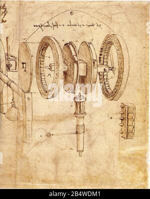 Leonardo da Vinci. Maschine mit hin- und herbeweglicher Bewegung. Explosionsansicht des komplizierten Mechanismus. Details. 1478-1480 Stockfoto