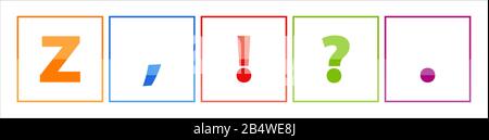 Das bunte Z,! ? . . hergestellt mit orange-roter, violetter, blauer, grüner Farbe. Jeder Buchstabe befindet sich im Rahmen und der Hintergrund ist weiß Stock Vektor