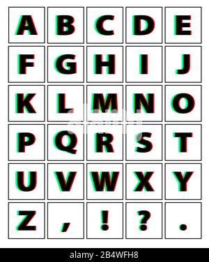 Das Zahlenalphabet. Dynamisches, geteiltes Farbdesign und einzigartige Schriftart, Schatten der Zahl blau, grün, rot. In schwarzem, dünnem Rahmen und auf weißem Hintergrund. Stock Vektor