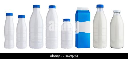 Verpackung für Milchprodukte, Kunststoff- und Glasflaschen für Milch isoliert auf weißem Hintergrund Stockfoto