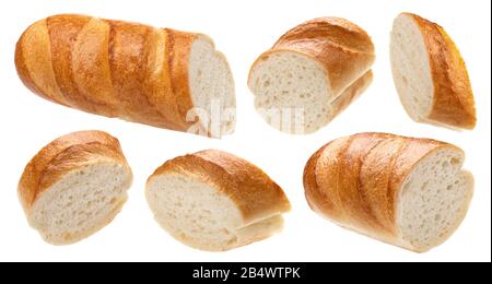 Auf weißem Hintergrund isolierte Baguette-Schichten Stockfoto