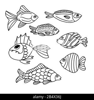 Fischset auf weißem Hintergrund im Doodle-Stil. Zur Dekoration von Geschirr, Bezügen, Blak und weißen Illustrationen Stock Vektor