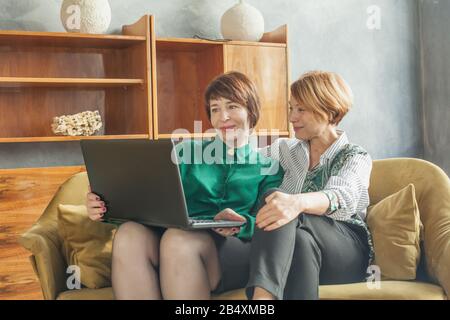 Zwei glückliche Frauen im mittleren Erwachsenenalter lächeln und benutzen einen Laptop im Innenbereich Stockfoto