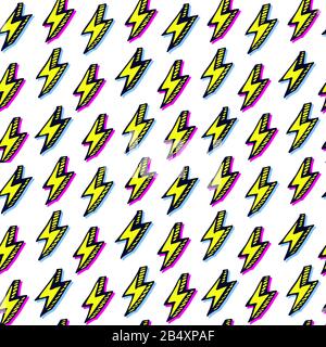 Farbenfrohes Blitz-Bolt-Muster im Comic-Doodle-Stil. Cartoon Donner Clip Art. Nahtloser Vektorhintergrund Stock Vektor