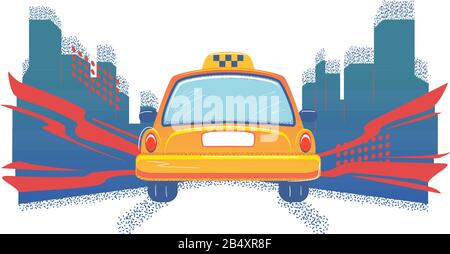 Taxi-Taxi in der Stadt, Blick zurück. Flat Banner-Vorlage auf weißem Hintergrund. Leerer Speicherplatz für die Nummer. Gelbe Auto-Vektor-Abbildung. Isoliertes Schild für den Transport. Rückfahrkonzept. Stock Vektor