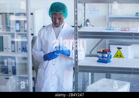 Horizontales Mittelporträt des afroamerikanischen Wissenschaftlers in Schutzuniform, das im Labor arbeitet Stockfoto
