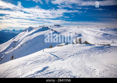 Tauplitz-Alm in der Nähe von Bad Mitterndorf in der österreichischen Steiermärkischen Provinz im Winter. Stockfoto