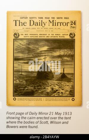 Die Titelseite des Daily Mirror am 21. Mai 1913 mit einem Foto des Kairns über dem Zelt, in dem Scott of the Antarktis starb, Großbritannien Stockfoto