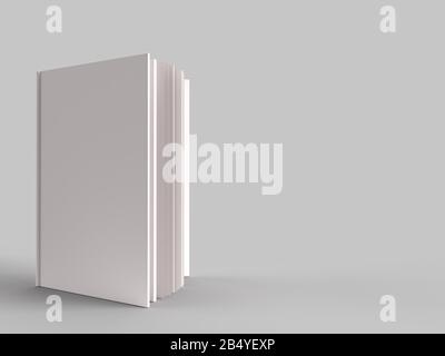 Ein weißes Buch, das mit weißem Deckel und weißen Seiten offen und stehend ist. Leeres Mockup. 3D gerenderte Abbildung mit Leerzeichen für Text. Stockfoto