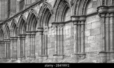 Eine Reihe von Bögen, die an einer Wand des York Minster eingemeißelt sind. Einige der Säulen und Wasserspeier sind beschädigt und Glasfenster darüber. Stockfoto