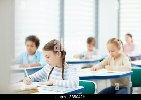 Horizontales kaukasisches Mädchen fokussierte Aufnahme von Grundschulschülern, die Unterrichtsaufgaben im modernen Klassenzimmer erledigen, Kopierraum Stockfoto