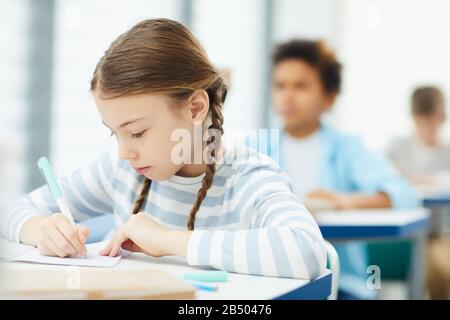 Horizontales mittleres Nahporträt kaukasischer Schulmädchen mit zwei Zöpfen, die im modernen Klassenzimmer sitzen und an Unterrichtsaufgaben arbeiten, Kopierraum Stockfoto