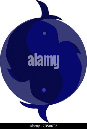 Zwei tiefblaue Wale in Yin-Yang-Design. Ihre Geschichten sind außerhalb des Kreises ausgestreckt. Frieden! Stock Vektor