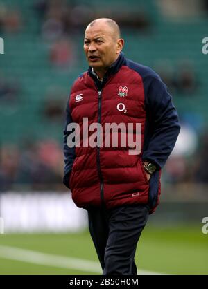 Englands Manager Eddie Jones vor dem Guinness Six Nations Match im Twickenham Stadium, London. Stockfoto