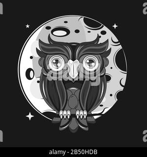 Eule Sitzt Nachts Unter Dem Mond Auf EINEM Baumzweig Stock Vektor