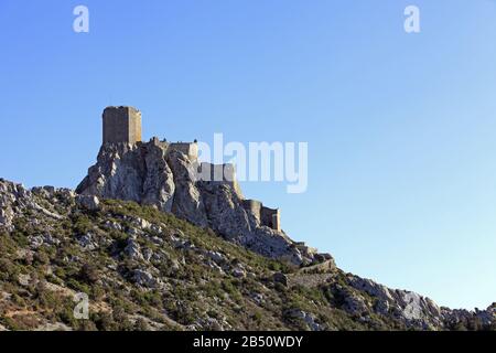 Schloss Quéribus in der Gemeinde Cucugnan. In den Corbieres, Occitanie France Stockfoto