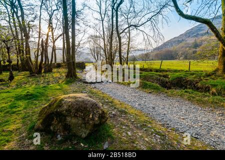 Ein großer Felsen, der an einem Pfad nahe dem Fluss Rothay außerhalb des Dorfes Grasmere, Lake District National Park, Cumbria, England, bei Sonnenuntergang im April liegt. Stockfoto