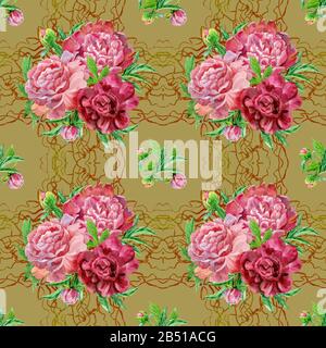 Nahtloses Muster mit roten und rosafarbenen Pfingstrosenblüten. Stockfoto