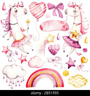 Süßes Einhorn Baby Girl. Aquarell Baumschule Cartoon Magic Animals Horse, Fantasy-Wolken Regenbogen. Schmückende Kindergärten Rosa Set isoliert auf weißem Backgrou Stockfoto