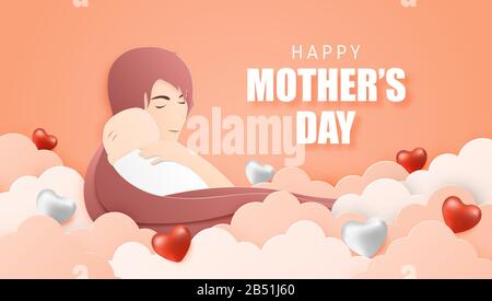 Happy Mother's Day Poster oder Banner mit der Mutter umarmen ihr Baby in Papierform. Vorlage für Einkaufsaktionen für den Muttertag. Digitale Handwerkspapierkunst Stock Vektor