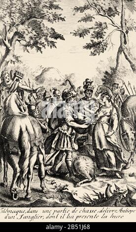 Telemachus auf der Jagd, geben Antiope ein Wildschwein. Aus dem 18. Jahrhundert stacheln die Abenteuer des Telemachus-Sohnes Ulysses von Francois de Stockfoto