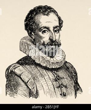 Porträt von Miguel de Cervantes Saavedra (Alcalá de Henares 1547 - Madrid 1616). Romanautor, Dichter, Dramatiker und spanischer Soldat. Größte Zahl in Sp Stockfoto