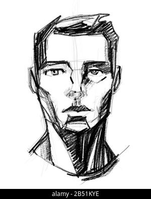 Handgezeichnete Bleistiftzeichnung oder Zeichnung des Gesichts eines Mannes Stockfoto